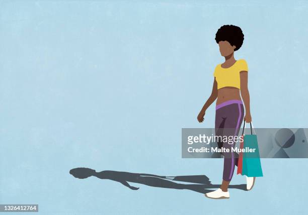 woman walking with shopping bags - weekend activities stock-grafiken, -clipart, -cartoons und -symbole