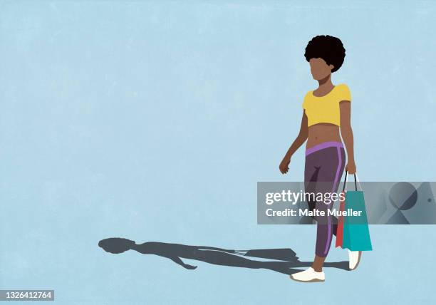 stockillustraties, clipart, cartoons en iconen met woman walking with shopping bags - sportswear shopping