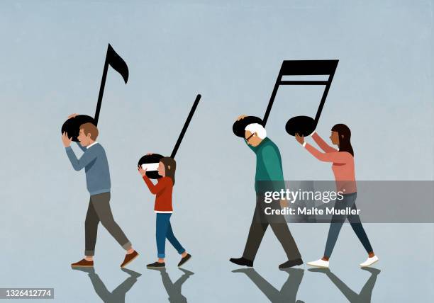 stockillustraties, clipart, cartoons en iconen met family carrying music notes - familie met meerdere generaties