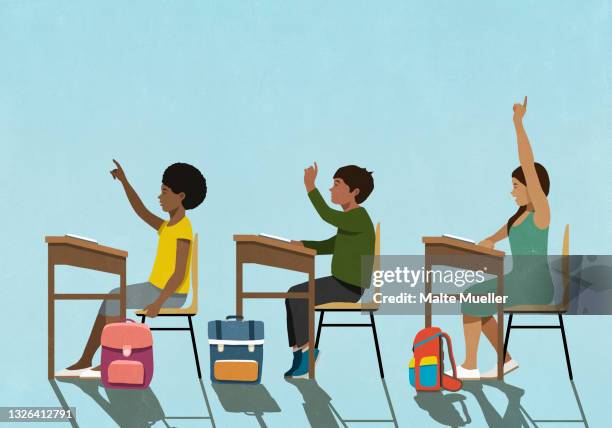 school children with arms raised at classroom desks - school building illustration stock illustrations