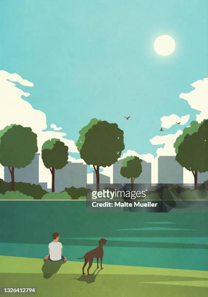 ilustrações, clipart, desenhos animados e ícones de boy with dog relaxing at tranquil city park pond - atividades de fins de semana