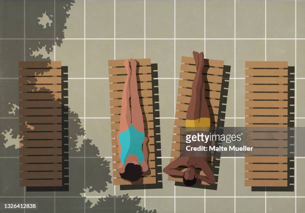 view from above couple sunbathing on patio lounge chairs - holiday stock illustrations