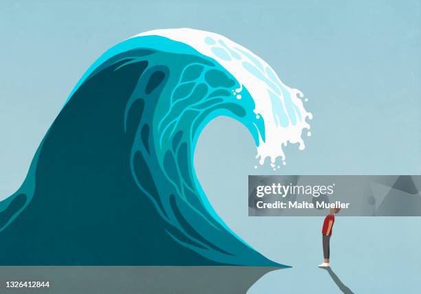 ilustraciones, imágenes clip art, dibujos animados e iconos de stock de man facing huge ocean tidal wave - confrontación