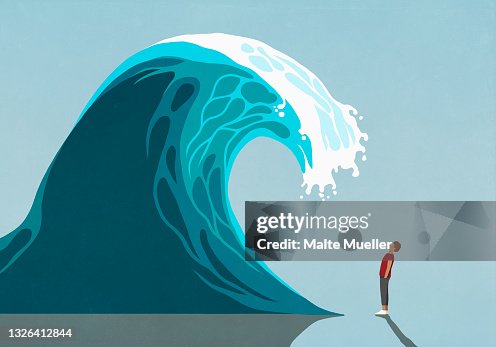 Man Facing Huge Ocean Tidal Wave High-Res Vector Graphic Getty