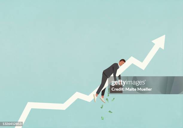 ilustraciones, imágenes clip art, dibujos animados e iconos de stock de tired businessman with money briefcase sleeping on ascending arrow - burnout