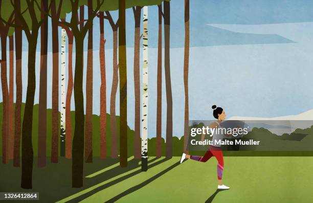 woman running in sunny rural field with trees - fitness woman sport点のイラスト素材／クリップアート素材／マンガ素材／アイコン素材