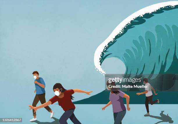 ilustrações, clipart, desenhos animados e ícones de people in face masks running from huge ocean tidal wave - maremoto