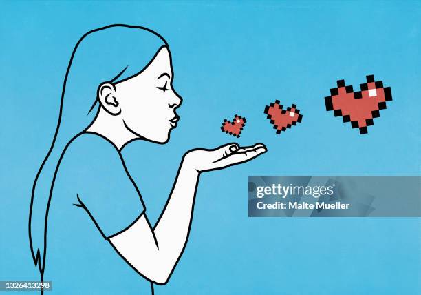 illustrazioni stock, clip art, cartoni animati e icone di tendenza di woman blowing pixel heart kiss - online dating