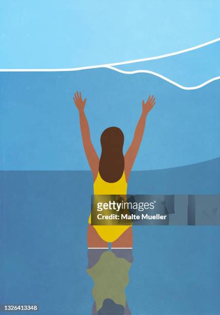 ilustrações, clipart, desenhos animados e ícones de happy woman in bathing suit wading in blue ocean - anticipation