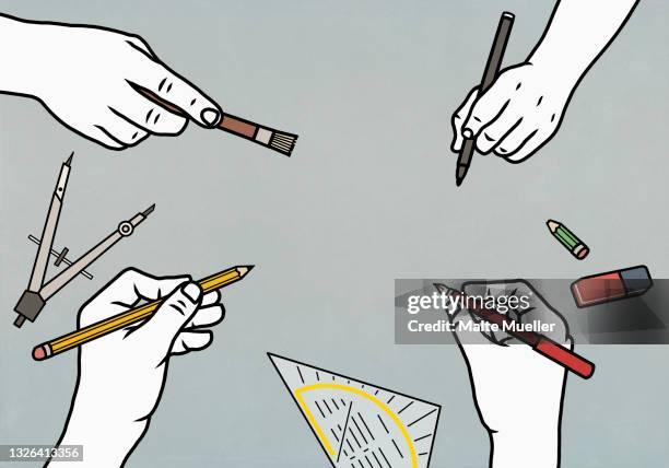 bildbanksillustrationer, clip art samt tecknat material och ikoner med creative hands holding writing devices - writing instrument