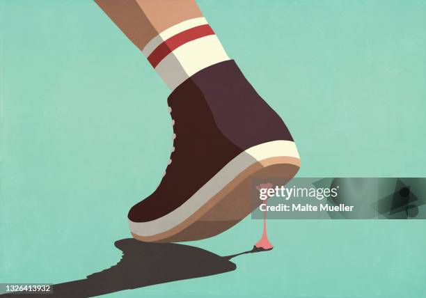 close up gum stuck to bottom of shoe - shoes stock-grafiken, -clipart, -cartoons und -symbole