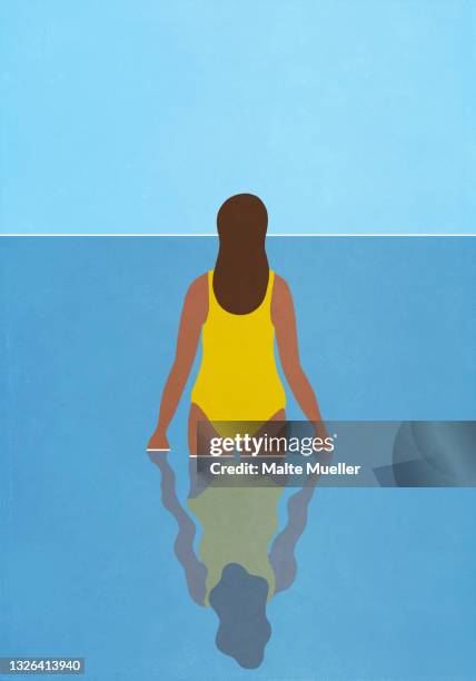 woman in yellow bathing suit wading in blue ocean - 腰まで水に浸かる点のイラスト素材／クリップアート素材／マンガ素材／アイコン素材