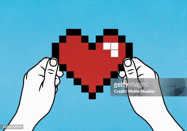 hands holding pixelated heart - technology stock illustrations