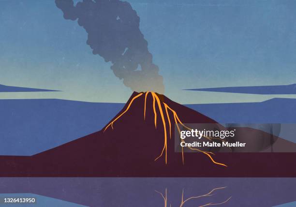 ilustraciones, imágenes clip art, dibujos animados e iconos de stock de smoke and lava emitting from erupting volcano - volcanic landscape