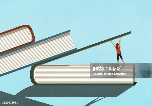 woman lifting large book cover - person in education stock-grafiken, -clipart, -cartoons und -symbole