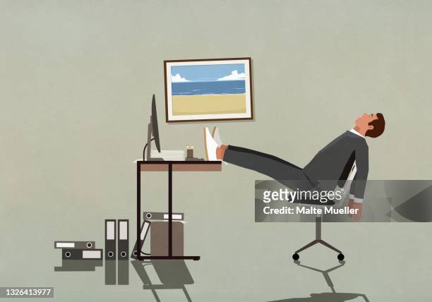 tired businessman sleeping with feet up on desk - exhaustion stock-grafiken, -clipart, -cartoons und -symbole