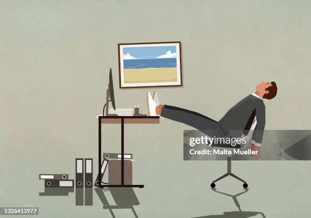 tired businessman sleeping with feet up on desk - frustration stock illustrations