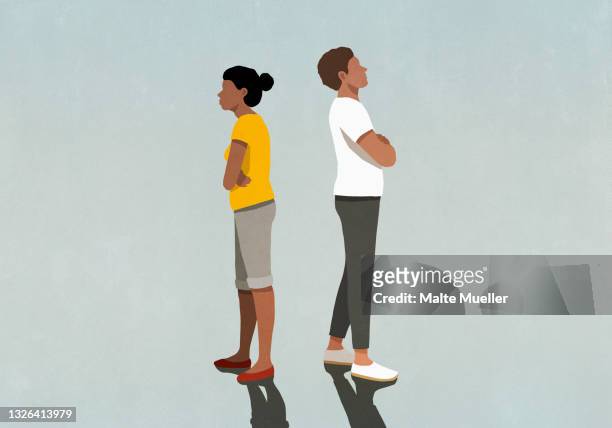 angry couple standing back to back with arms crossed - couple relationship difficulties stock illustrations