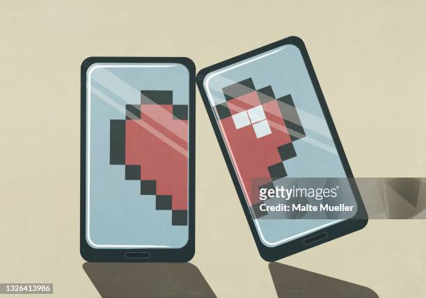 pixelated broken heart on smart phone screens - mobile app stock illustrations