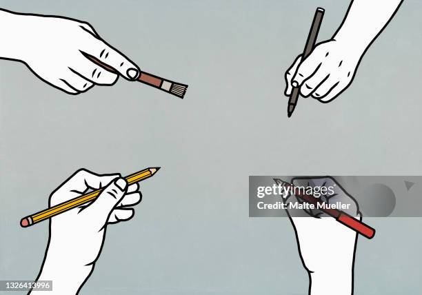 hands with writing and art utensils - creative occupation stock illustrations