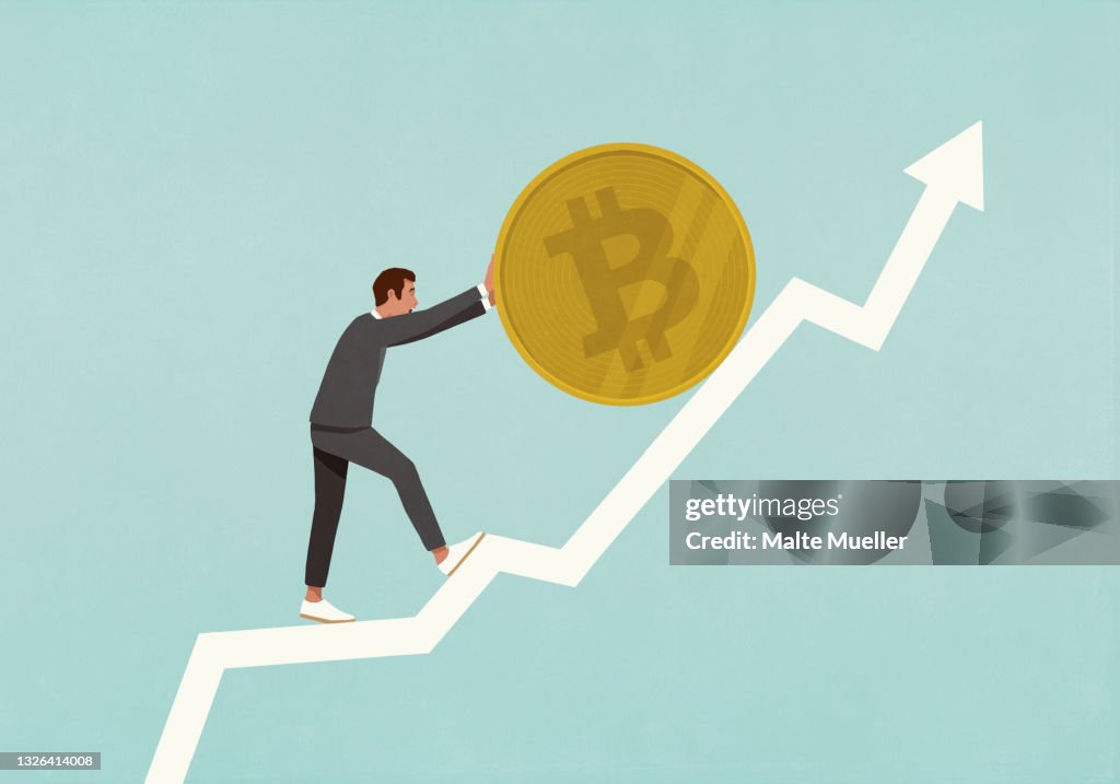 Businessman rolling Bitcoin up ascending data arrow