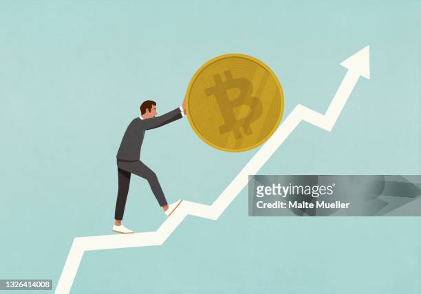 businessman rolling bitcoin up ascending data arrow - bitcoin stock illustrations