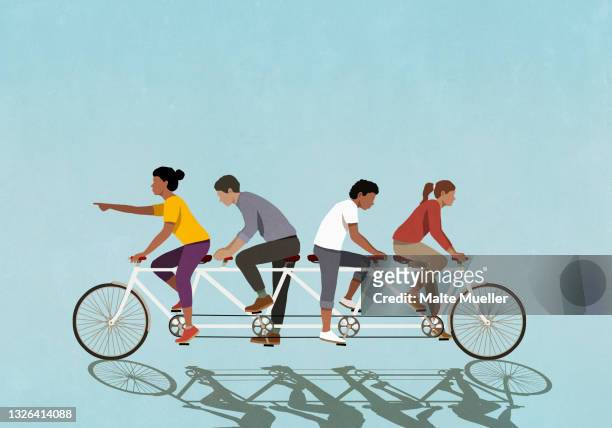 couples riding tandem bicycle in opposite direction - family stock illustrations