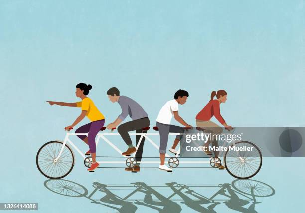 couples riding tandem bicycle in opposite direction - communication problems 幅插畫檔、美工圖案、卡通及圖標