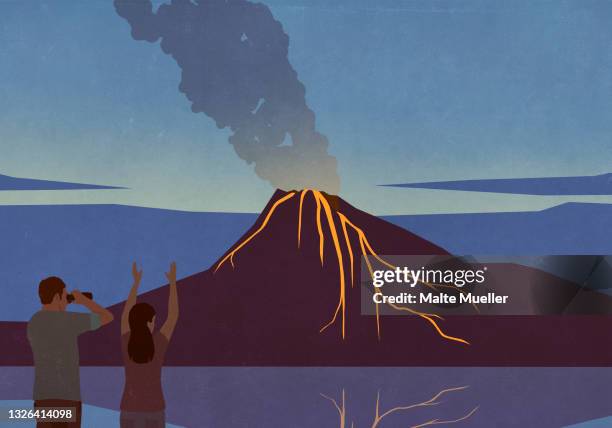 ilustrações, clipart, desenhos animados e ícones de excited tourists watching volcano eruption - atividade vulcânica