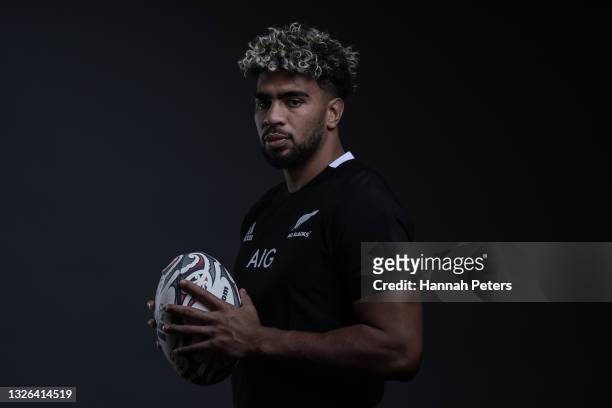 Hoskins Sotutu poses during the New Zealand All Blacks player portrait session at the Heritage on June 23, 2021 in Auckland, New Zealand.