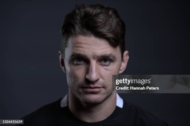 Beauden Barrett poses during the New Zealand All Blacks player portrait session at the Heritage on June 23, 2021 in Auckland, New Zealand.