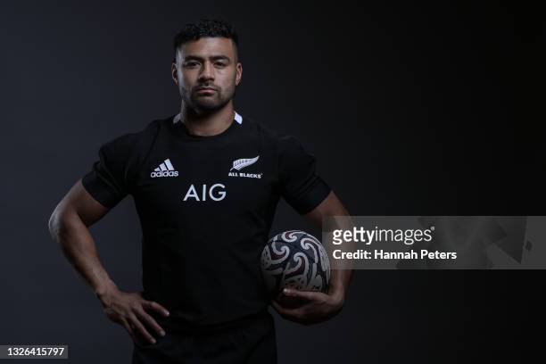 Richie Mo'unga poses during the New Zealand All Blacks player portrait session at the Heritage on June 23, 2021 in Auckland, New Zealand.