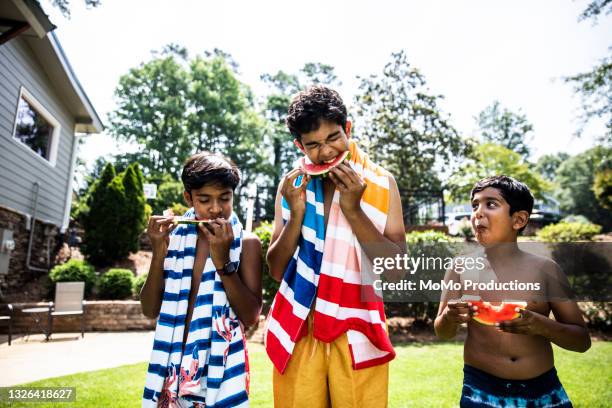adolescent brothers eating watermelon at lake - indian family vacation stock pictures, royalty-free photos & images