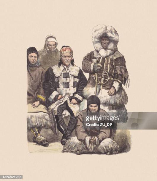 illustrazioni stock, clip art, cartoni animati e icone di tendenza di xix secolo, costumi asiatici (russia), incisione in legno colorata a mano, pubblicata c.1880 - inuit