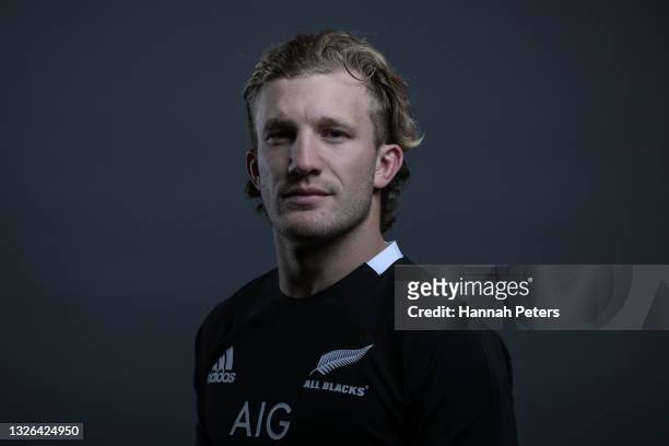 Damian McKenzie poses during the New Zealand All Blacks player portrait session at the Heritage on June 23, 2021 in Auckland, New Zealand.