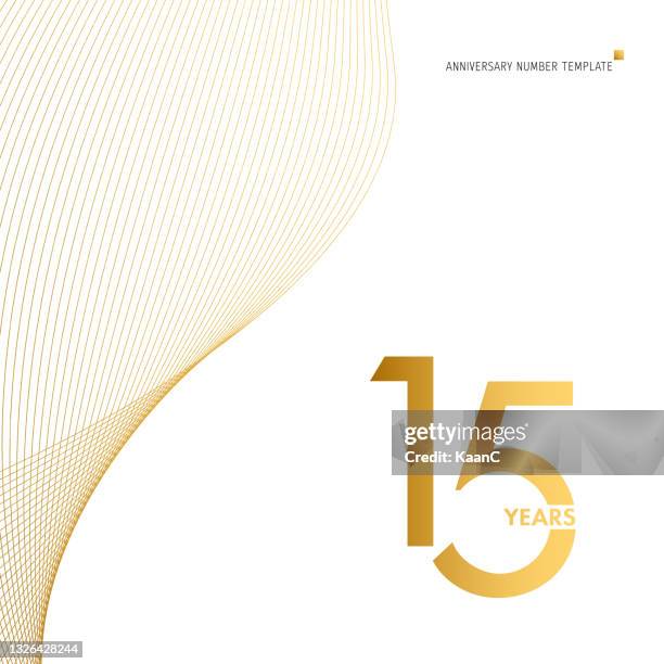 bildbanksillustrationer, clip art samt tecknat material och ikoner med anniversary number symbol template isolated, gold colored number, anniversary symbol stock illustration. number template with wave shape. - nummer 15