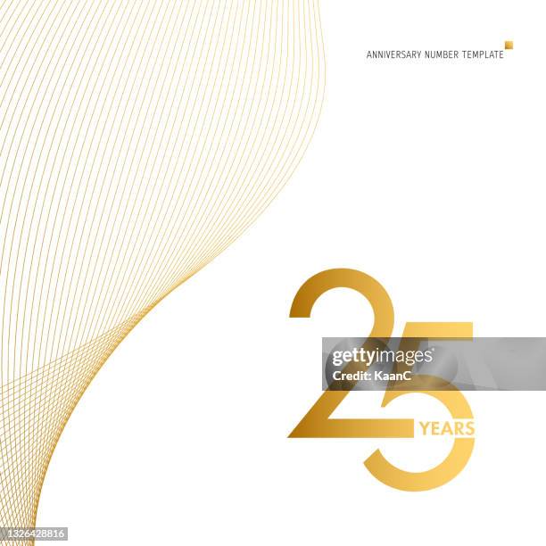 illustrazioni stock, clip art, cartoni animati e icone di tendenza di modello di simbolo del numero di anniversario isolato, numero color oro, illustrazione del simbolo dell'anniversario. modello numerico con forma d'onda. - 25th anniversary