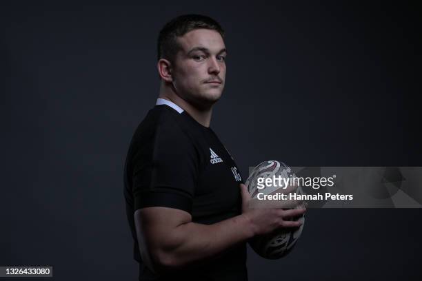 Ethan de Groot poses during the New Zealand All Blacks player portrait session at the Heritage on June 23, 2021 in Auckland, New Zealand.