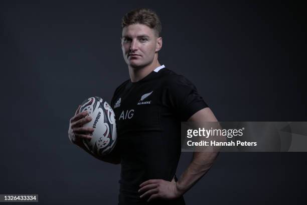 Jordie Barrett poses during the New Zealand All Blacks player portrait session at the Heritage on June 23, 2021 in Auckland, New Zealand.