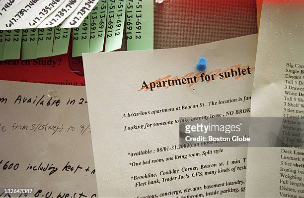 Flyer advertising an apartment for sublet hangs at Boston University on a bulletin board in the student union.