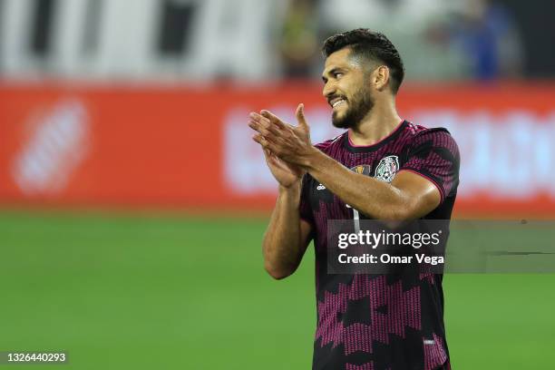 Henry Martin of Mexico reacts after fail shot during the friendly match between Mexico and Panama at Nissan Stadium on June 30, 2021 in Nashville,...