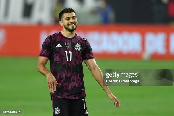 Henry Martin of Mexico reacts after fail shot during the friendly match between Mexico and Panama at Nissan Stadium on June 30, 2021 in Nashville,...