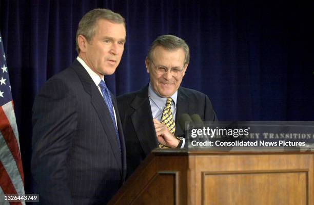 President-elect George W Bush names Donald Rumsfeld as Secretary of Defense, Washington DC, December 28, 2000. Rumsfeld had previously served as...