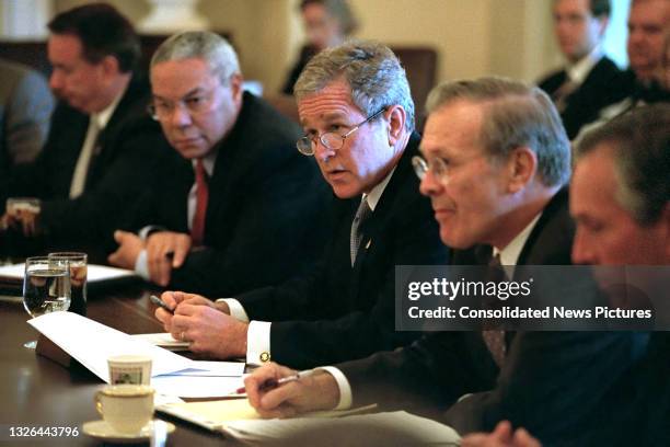 President George W Bush meets with members of his Cabinet in the White House, Washington DC, October 11, 2001. Pictured are, from left, Department of...