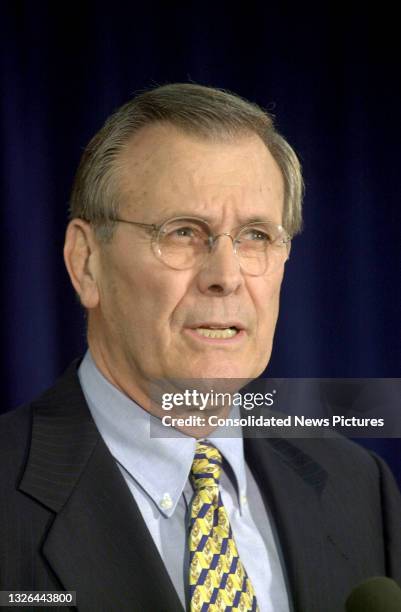 Close-up of US Secretary of Defense nominee Donald Rumsfeld , Washington DC, December 28, 2000. He had previously served as Secretary of Defense...