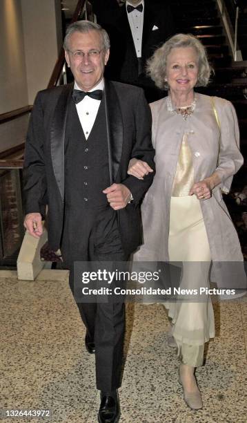 Married couple US Secretary of Defense Donald Rumsfeld and philanthropist Joyce Pierson arrive at the Washington Hilton Hotel for the White House...