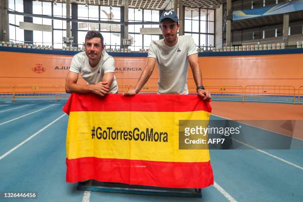 Albert Torres and Sebastian Mora, cyclists with the Spanish Track Team, pose for photo during the GoTorresGoMora Media Day for Olympic Games of Tokyo...