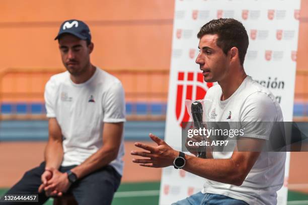 Albert Torres and Sebastian Mora, cyclists with the Spanish Track Team, attend during the GoTorresGoMora Media Day for Olympic Games of Tokyo 2020 at...