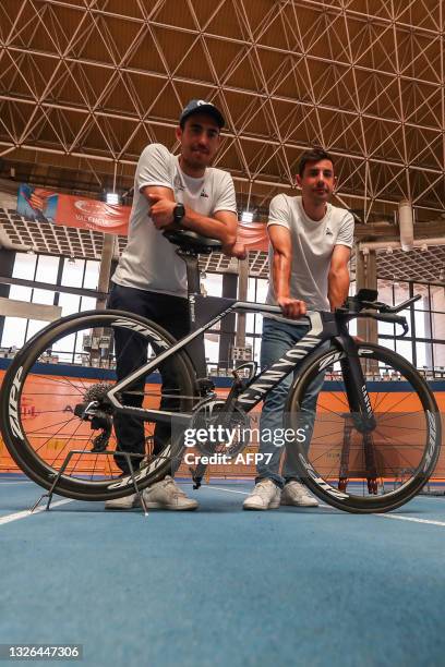 Albert Torres and Sebastian Mora, cyclists with the Spanish Track Team, pose for photo during the GoTorresGoMora Media Day for Olympic Games of Tokyo...