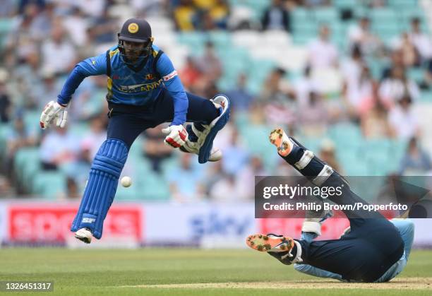 Dhananjaya de Silva collides with Jonny Bairstow of England during the second One Day International between England and Sri Lanka at The Kia Oval on...